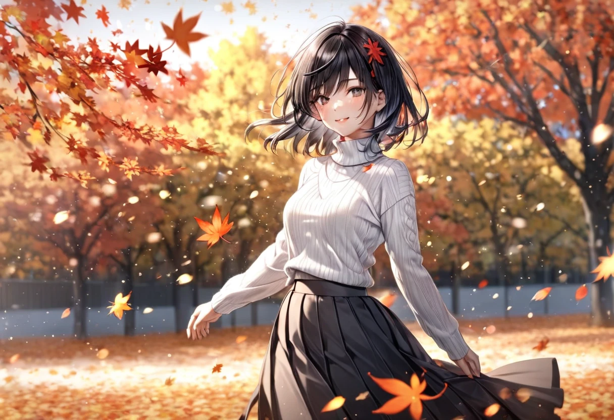  Falling Fall Leaves Petals (( motion blur:2.0 , Autumn Leaves Filter Effect :3.0 ,  Background Blurred )) , Woman Standing Black Hair "Haruna"( Wearing a White Turtleneck and Dark Gray Long Skirt) , Alone , Looking at me with a gentle expression 