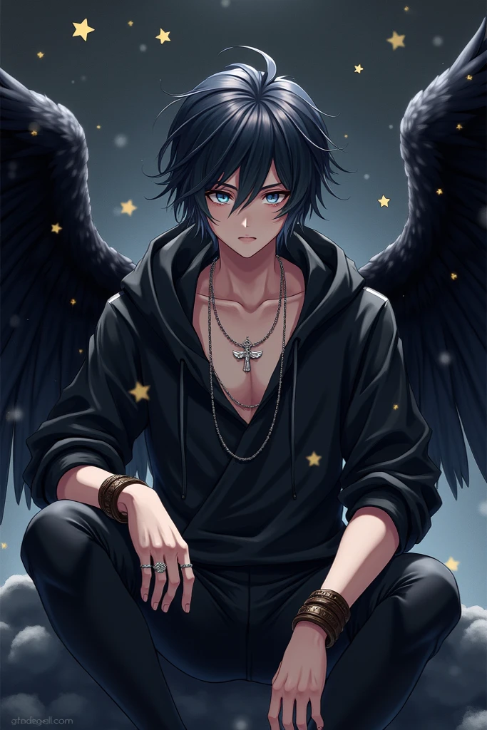 NSFW, short boy, feminine small shotacon, holding crow pet, small fragile body, black fur-lined clothes hanging on the shoulder, little to no clothes (showing core body), black hair, very messy mullet hair, bangs, shining crimson eyes, masterpiece, 8k, photorealistic, chiaroscuro lighting, dramatic shadows, cinematic composition, coast background, wearing black short, sharp black nails