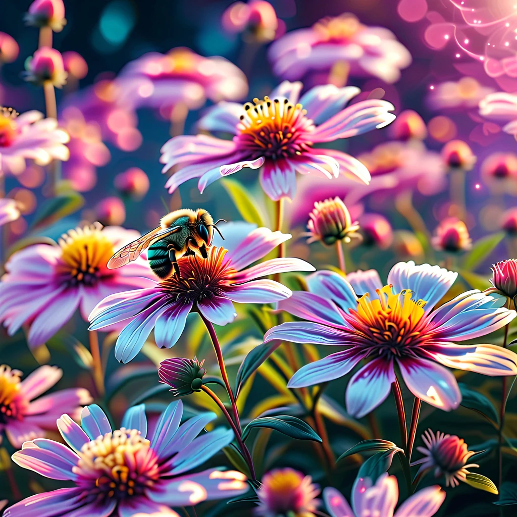 Realistic, theme is "microscopic world", bees fluttering around flowers, peaceful flower field, close-up on bees, sophisticated design, advanced lighting technology, real photo 8K quality