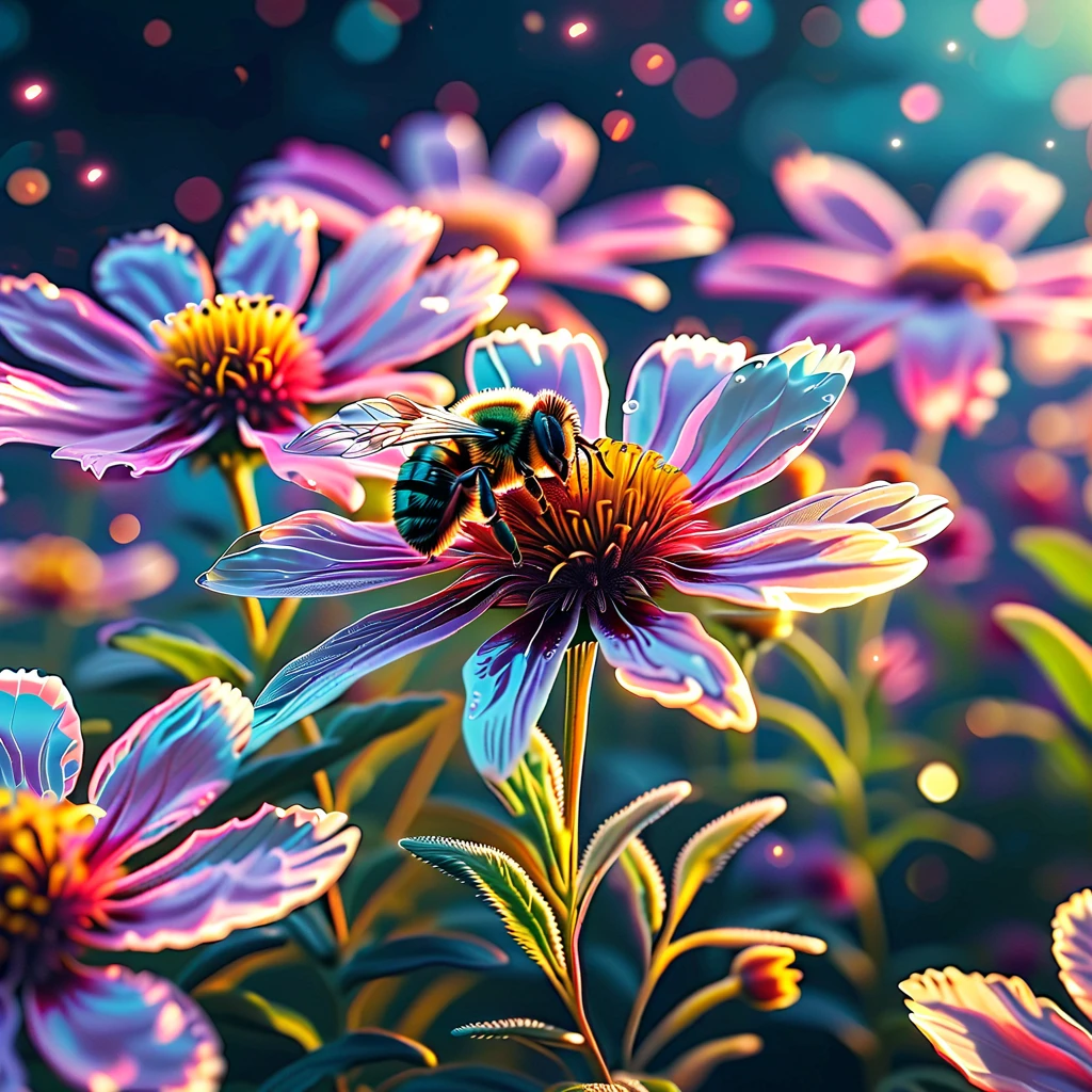 Realistic, theme is "microscopic world", bees fluttering around flowers, peaceful flower field, close-up on bees, sophisticated design, advanced lighting technology, real photo 8K quality