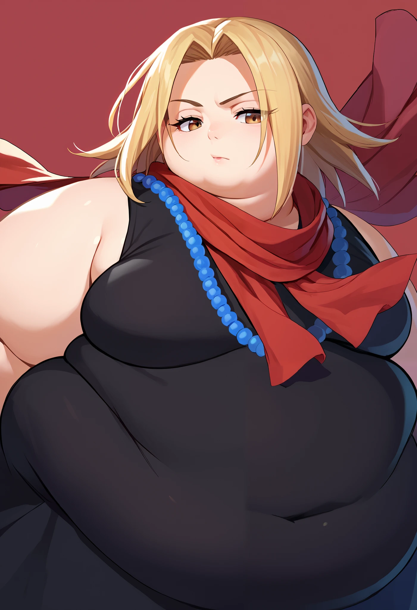 score_9, score_8_up, score_7_up, source_anime, kyouyama anna, blonde hair, short hair, brown eyes, black dress, red scarf, bead necklace, fat, chubby, obese 