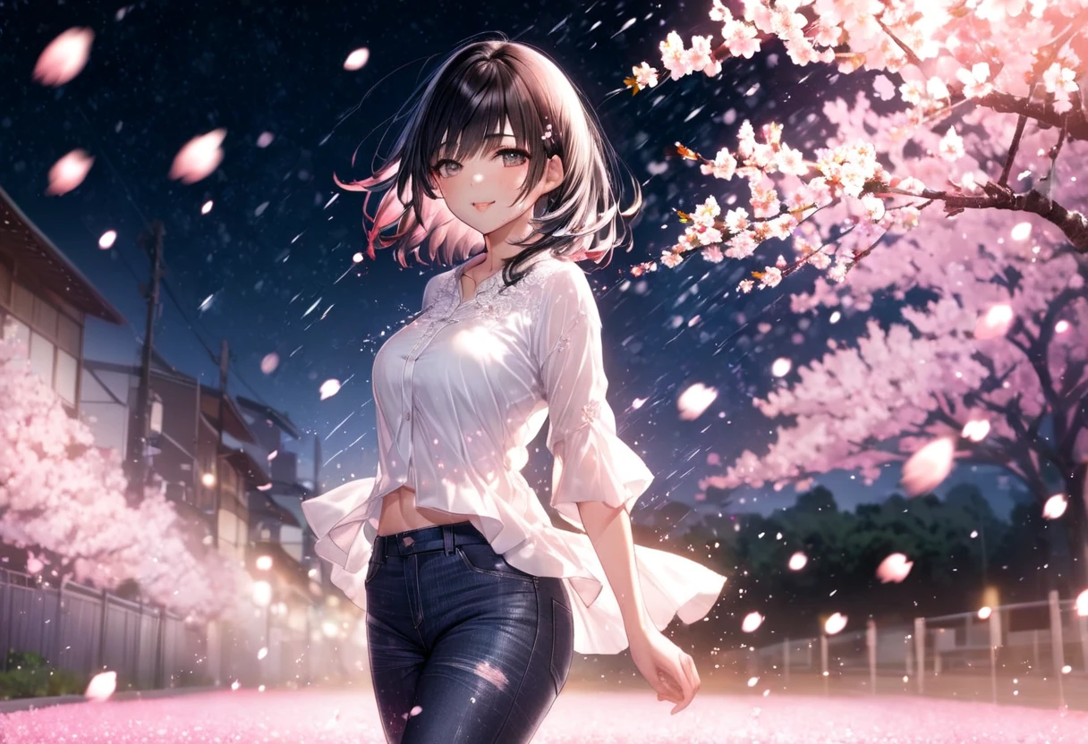 Cherry blossom petals pouring down at night(( motion blur:2.0 ,  Cherry Blossom Filter Effects :3.0 ,  Background Blurred )) , Woman Standing Black Hair "Haruna"( wearing a white blouse and tight jeans) , Alone , Looking at me with a gentle expression 