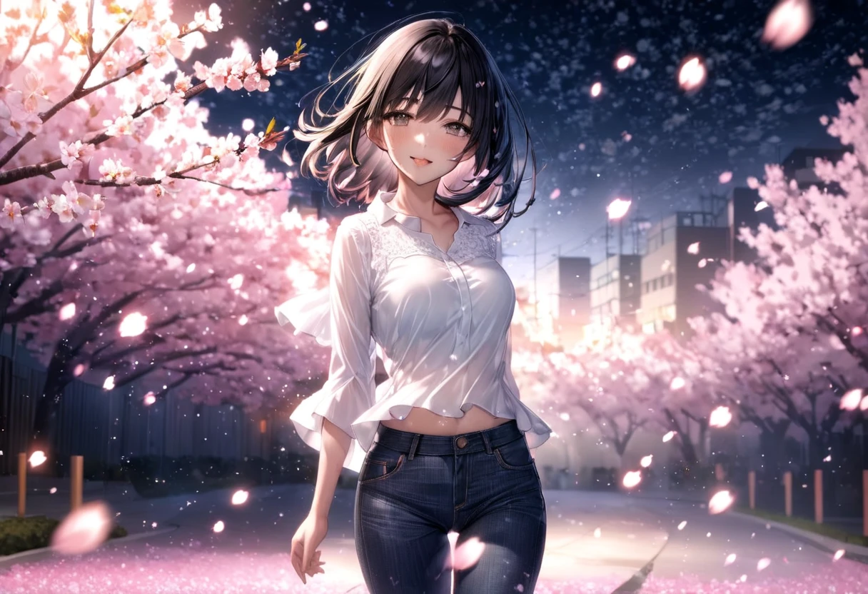 Cherry blossom petals pouring down at night(( motion blur:2.0 ,  Cherry Blossom Filter Effects :3.0 ,  Background Blurred )) , Woman Standing Black Hair "Haruna"( wearing a white blouse and tight jeans) , Alone , Looking at me with a gentle expression 