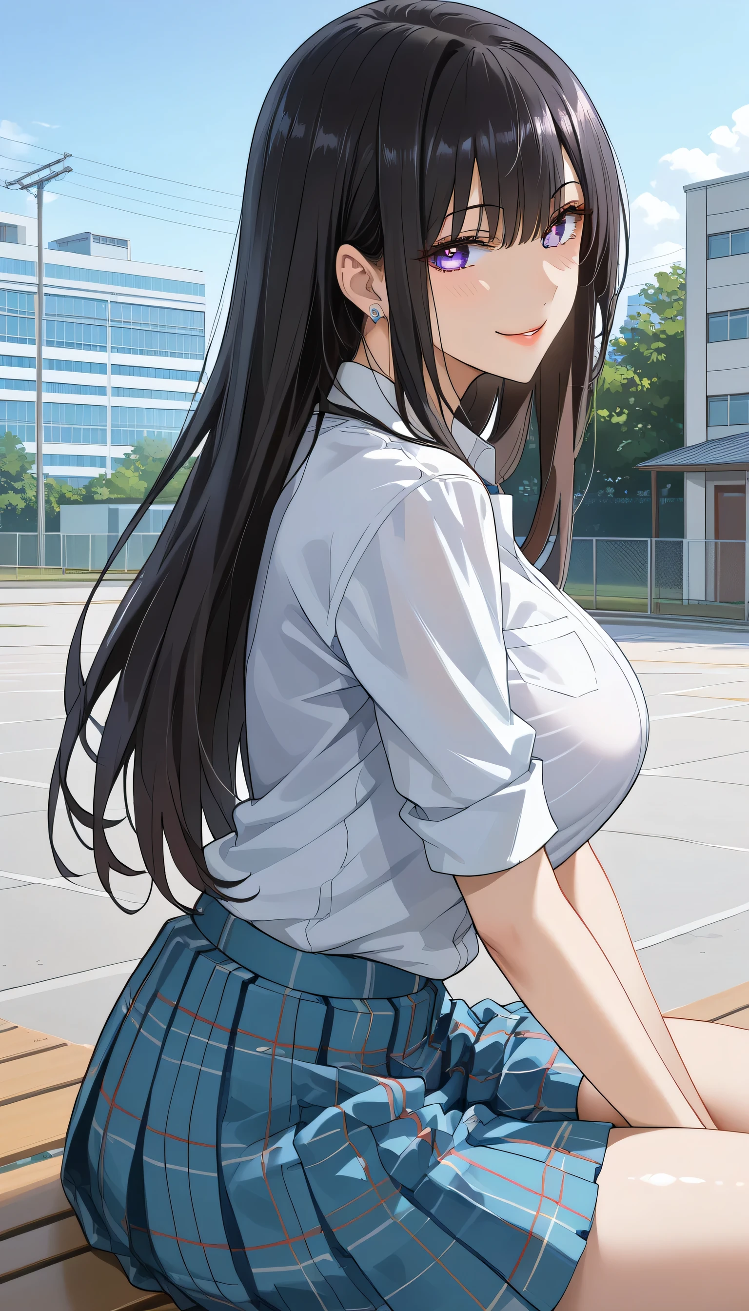 School、 is smirking、backyard、 score_9,  score_8_up,  score_7_up,  source_Anime,masterpiece, Wicked Smile 、 suspicious smile、 best quality, BEAUTIFUL AND DETAILED EYES ,  beautiful detailed lips、Aggressive look、 very detailed eyes and face ,、 long breasts, 1 female,、 high school girl、Matte Clothes 、 plaid skirt for sitting in a yuka、Big saggy breasts, shockingly  Big Breasts ,  Big Breasts ,  at school or behind the school building、Outside the school building 、 no makeup、 black hair、 long hair、Aggressive face、Kitchen Disorders 、、As planned 、 taken from behind 、Gal-like pose、 turn your back、 gym sitting 、床に gym sitting 