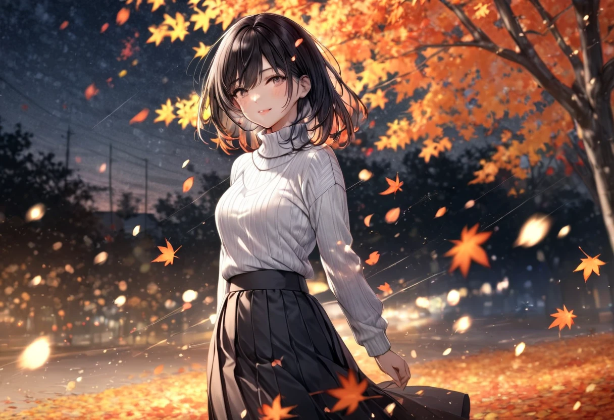 Falling Night Autumn Leaves Petals (( motion blur:2.0 , Autumn Leaves Filter Effect :3.0 ,  Background Blurred )) , Woman Standing Black Hair "Haruna"( Wearing a White Turtleneck and Dark Gray Long Skirt) , Alone , Looking at me with a gentle expression 