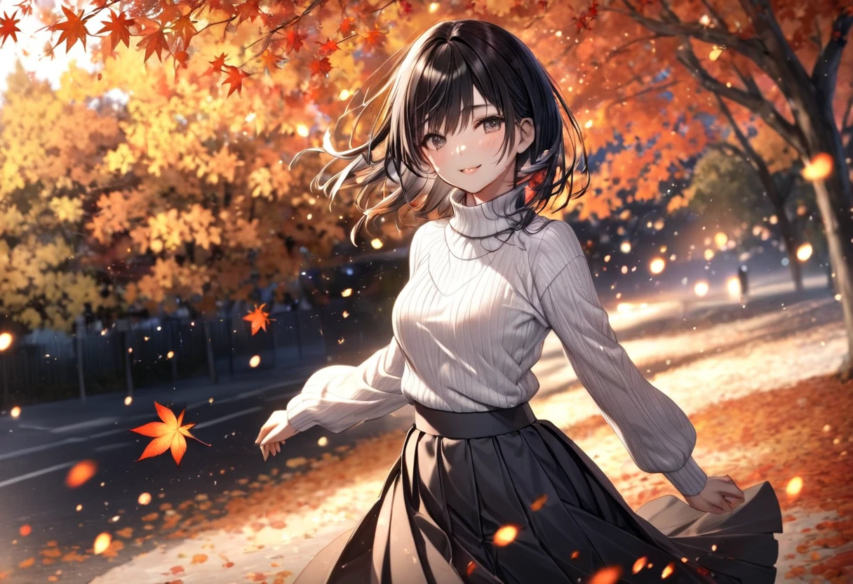 Falling Night Autumn Leaves Petals (( motion blur:2.0 , Autumn Leaves Filter Effect :3.0 ,  Background Blurred )) , Woman Standing Black Hair "Haruna"( Wearing a White Turtleneck and Dark Gray Long Skirt) , Alone , Looking at me with a gentle expression 