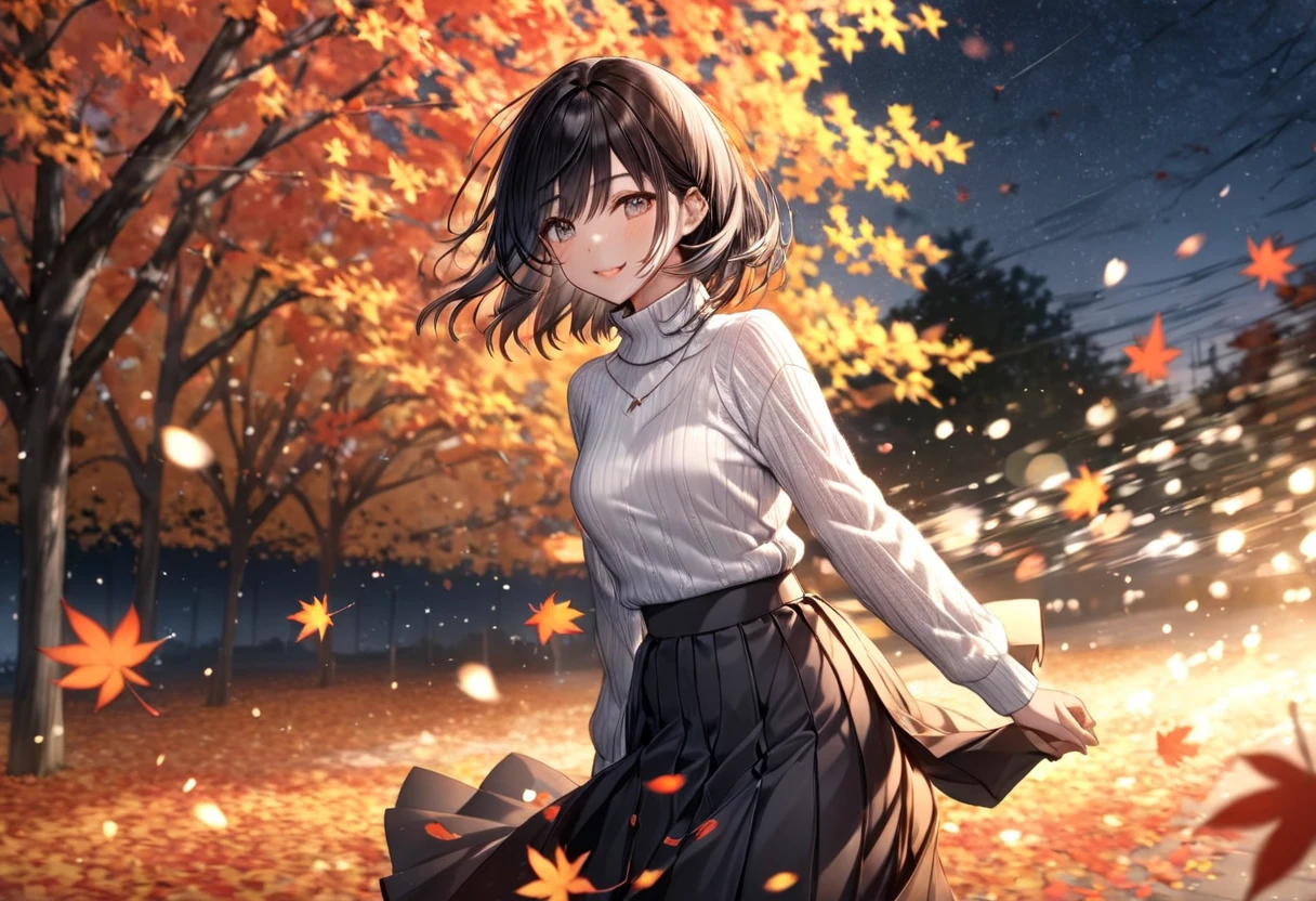 Falling Night Autumn Leaves Petals (( motion blur:2.0 , Autumn Leaves Filter Effect :3.0 ,  Background Blurred )) , Woman Standing Black Hair "Haruna"( Wearing a White Turtleneck and Dark Gray Long Skirt) , Alone , Looking at me with a gentle expression 