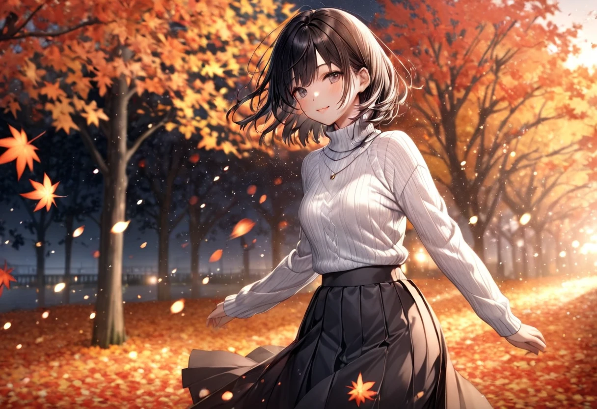 Falling Night Autumn Leaves Petals (( motion blur:2.0 , Autumn Leaves Filter Effect :3.0 ,  Background Blurred )) , Woman Standing Black Hair "Haruna"( Wearing a White Turtleneck and Dark Gray Long Skirt) , Alone , Looking at me with a gentle expression 