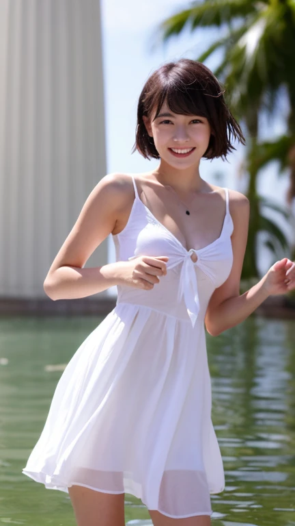 (8k, Highest quality, Masseter muscle area, Ultra-high resolution:1.2),
Japanese women photos, ((A beautiful girl)),（Short Hair）,12 years old, White dress, smile, Standing by a stream in the forest,In the forest with light, Are standing,