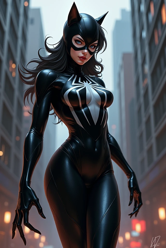 4K,realisticlying,Glamorous,The very detailed,There a girl in Dingcheng,Wearing a black Spider-Man costume,(Black and white:1.4) the night,symbiote,venomize,a large amount of mucus,she a spiderman,Black superhero theme,In front of the sky,Flushed complexion,( Open legs, camel-toe,, Vulvar shape:1.3),(GGCameltoe:1.3)Legs apart,25 age old,full bodyesbian