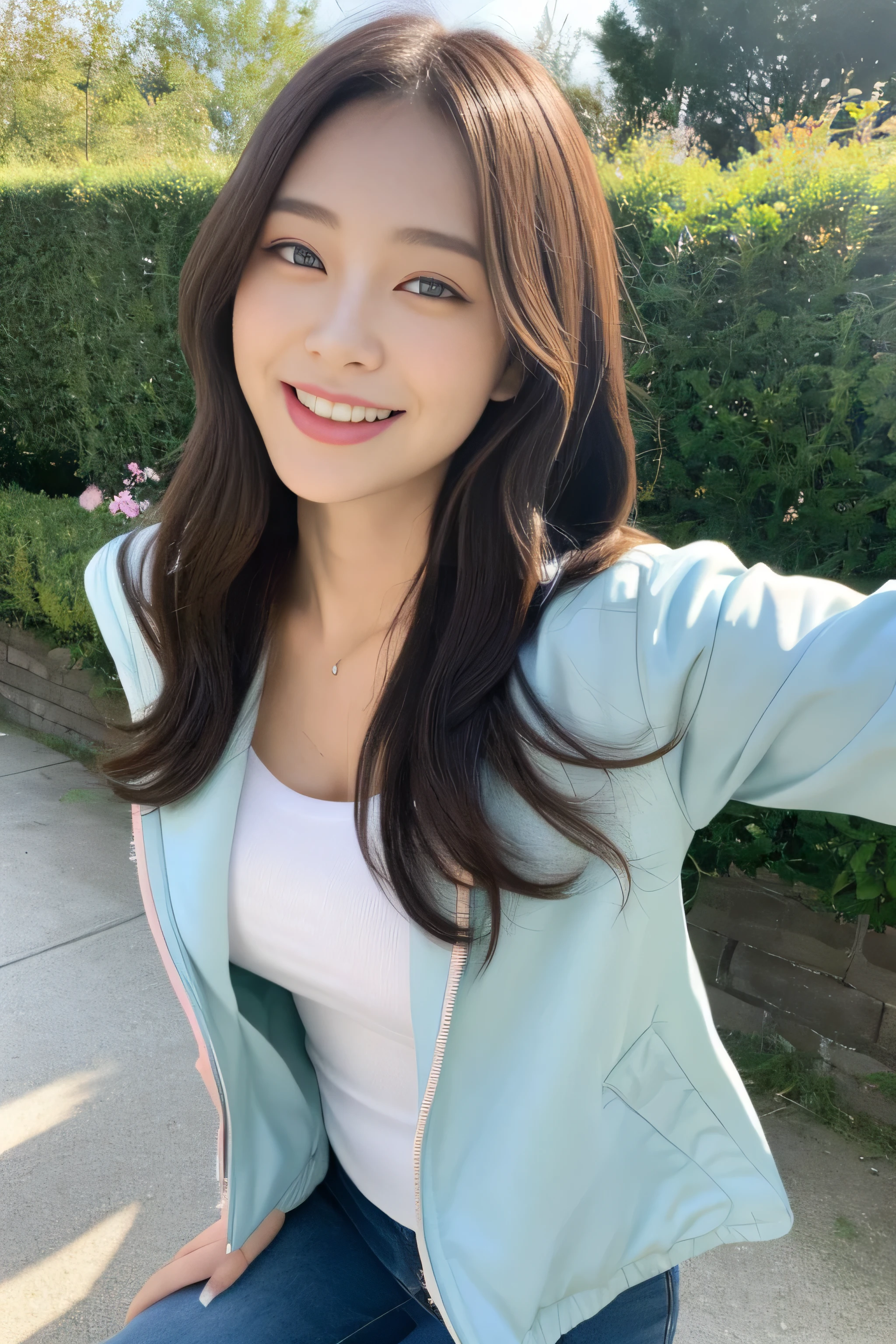 ((逼真的light, best quality, 8K, masterpiece: 1.3)), Clear focus: 1.2, 1 girl, Perfect body的美女: 1.4, Slim abdominal muscles: 1.1, ((Layered Hairstyle)), (Pink T-shirt: 1.1), (outdoor: 1.1), Ultra-thin face, Beautiful eyes, Double eyelids, Smile, Looking at the camera, Selfie,Full body posture, Solitary, Perfect body, Become a, 36 inches in the chest,(a charming smile:1), (sexy pose),26 years old, light,White shoes