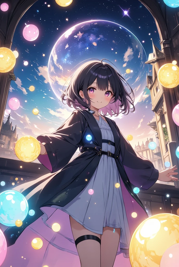   anime style 、、 highlight bubbles  、 cute daikon characters  、 background of daikon characters with lots of bubbles、Wizards use 、 Beautiful Effects、 generate sparkling lights  、 unrealistic、  Magical girl in a fantasy world wearing a robe 、  black hair、  short hair 、smile、A fascinating 