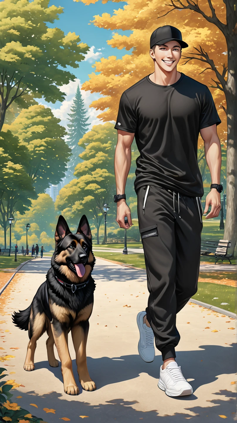 a 34 year old man with hair, dark, short, blue eyes and gorgeous like Chris Wood with a large Belgian Malinois dog, wearing casual clothing, but guys, in a park close to a residential area full of buildings