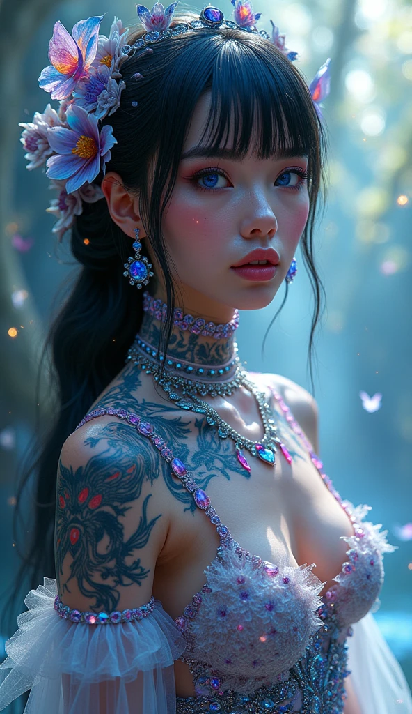 (masterpiece, top quality, best quality, official art, beautiful, cosmic, atmospheric, psychedelic, dreamlike and aesthetic:1.2), (1girl, black hair, tons of tattoos and piercings), extreme detailed,(fractal art:1.3),colorful,highest detailed, cherry blossoms and butterflies blowing in the wind