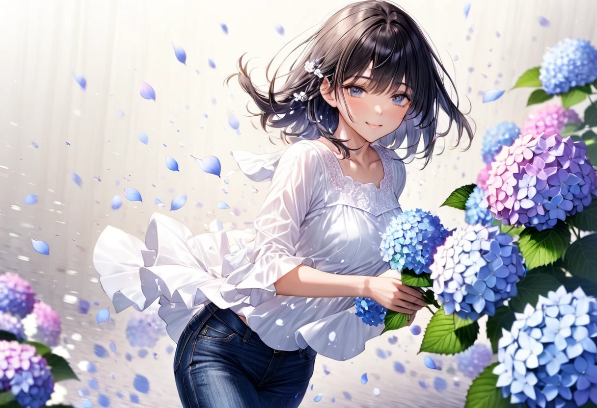  pouring hydrangea petals(( motion blur:2.0 , hydrangea filter effect :3.0 ,  Background Blurred )) , Woman Standing Black Hair "Haruna"( wearing a white blouse and tight jeans) , Alone , Looking at me with a gentle expression 