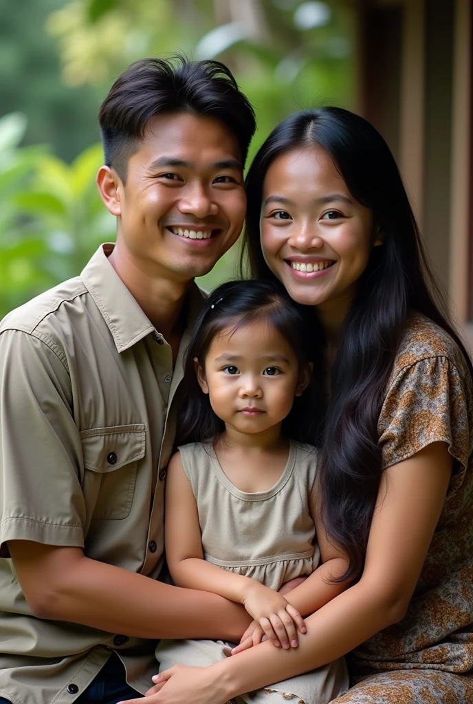 A 2 Indonesian man with his 20 year old wife hugging a baby, and  daughter, all looking bright, foggy camp hill background, ultra HD, focus, 16K