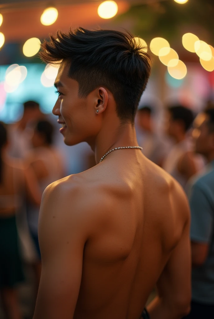 photorealistic, best quality, masterpiece, extremely detailed, sexy, homoerotic, extremely handsome, 25 year old filipino man, very muscular build, big smile, casual clothes, looking back at camera, at funfair carnival, at midnight, ambient lighting, dramatic shadows, extremely romantic atmosphere, perfect face, perfect fingers, perfect hands, perfection