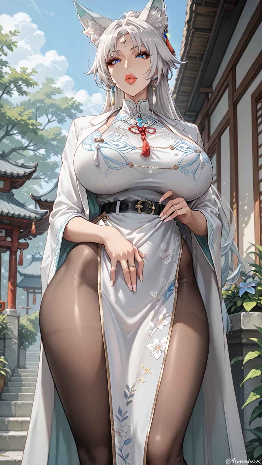  Japanese Anime,  Tag 2,   best quality ,   high quality,   detailed,   high resolution, 8K, 超 high resolution,  soft saturation , Professional quality , Perfect contrast, perfect lighting,   anatomically correct  ,   huge breasts , Wide hips,   huge ass  ,  sensual woman ,  Mature Women , maternal,  Full, Full的嘴唇, Thick lips,    showcases your career ，belt，fellatrix style，feixiao-hsr ，animal ears, animal ear fluff, long hair, forehead mark,fox ears，white qipao， black pantyhose，Standing， front view