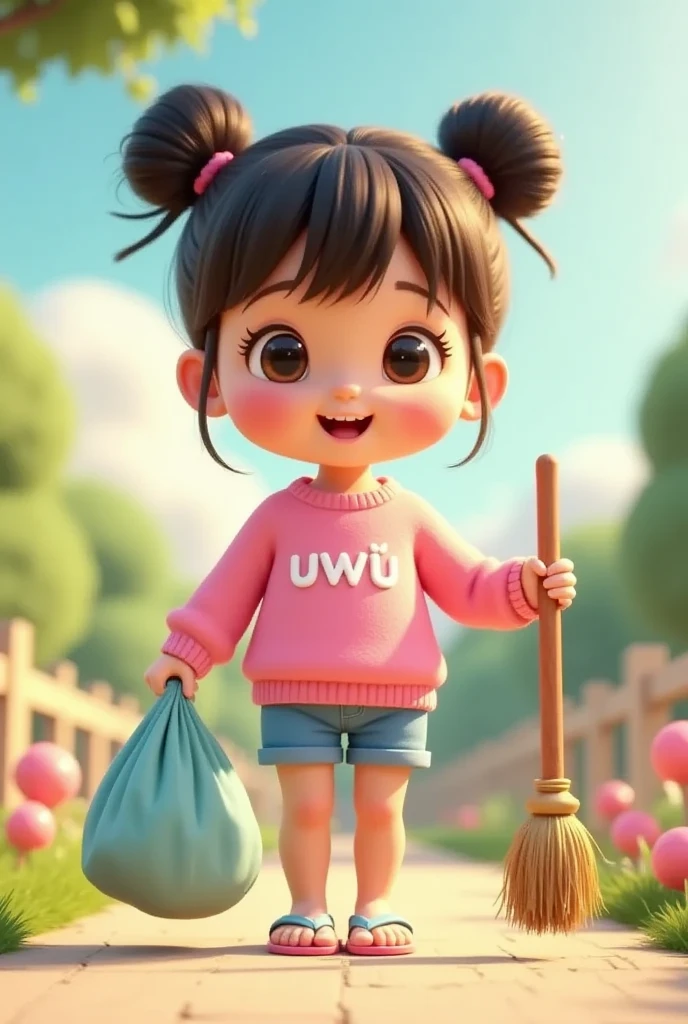 The style is 3D animation with a Vibrant color palette, in 3 D animation image of a cute and adorable with her hair into two buns on top and bangs, wearing a pink sweater with "uwu" printed on the front, blue shorts, flip-flops combination of pink and light blue, carrying a broom stick, trash bag