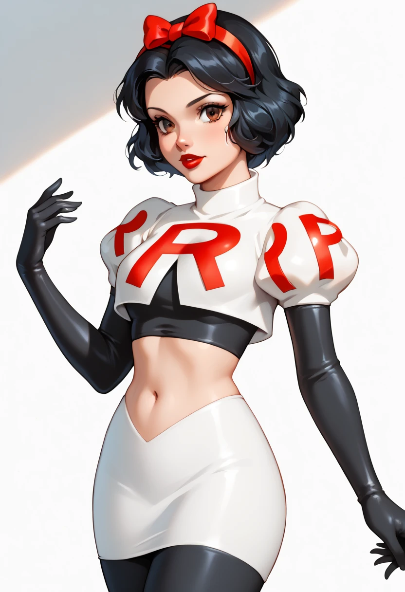 1 , Alone,    Snow White ,  short hair,  black hair, straight hair, bow,  brown eyes , lipstick, red lipstick, pale skin, hair bow, hairband, Team Rocket,Team Rocket uniform,White skirt,red letter R,crop top, black tights ,black elbow gloves cowboy shot,  looking at the viewer,