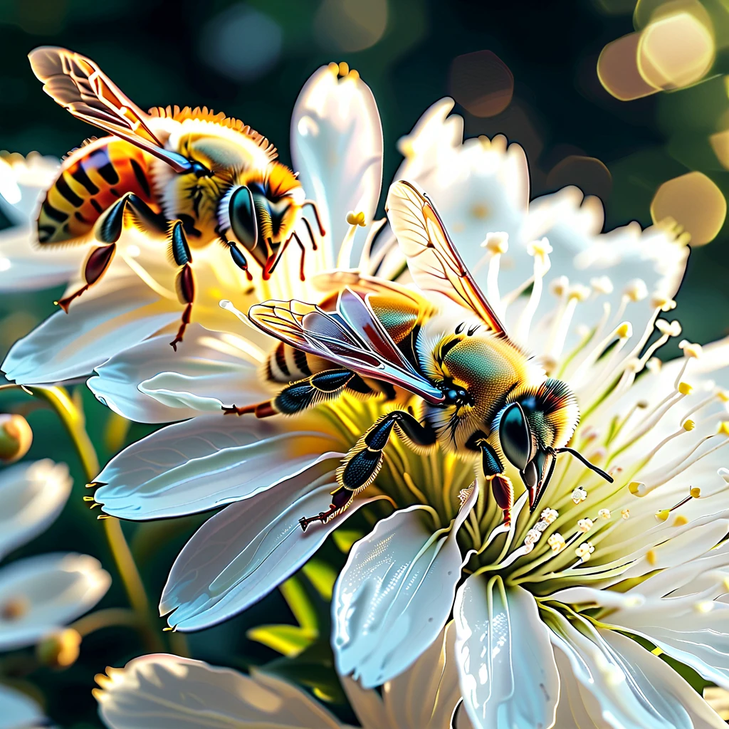 Realistic, bees sucking nectar from white flowers, pollen is stuck to the bees' legs, close-up on bees, sophisticated design, advanced lighting technology, real photo 8K quality