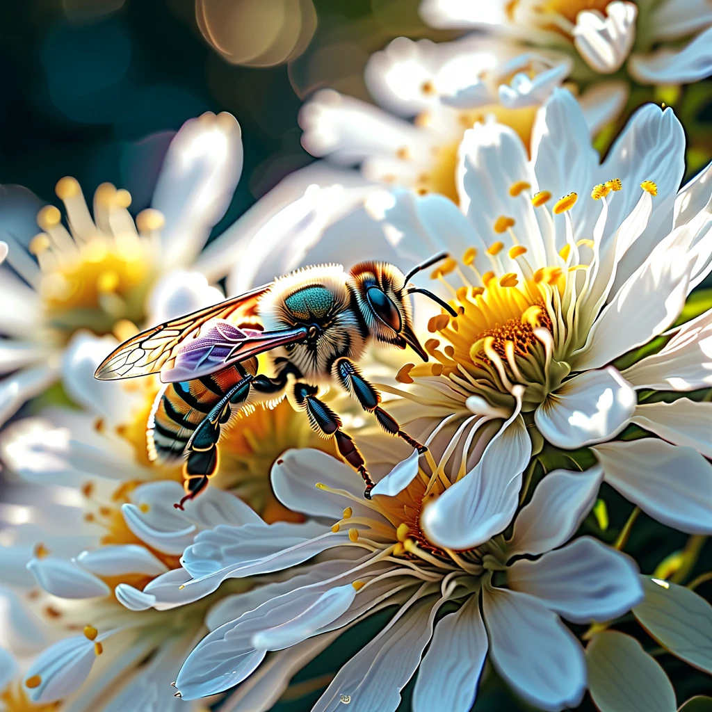 Realistic, bees sucking nectar from white flowers, pollen is stuck to the bees' legs, close-up on bees, sophisticated design, advanced lighting technology, real photo 8K quality