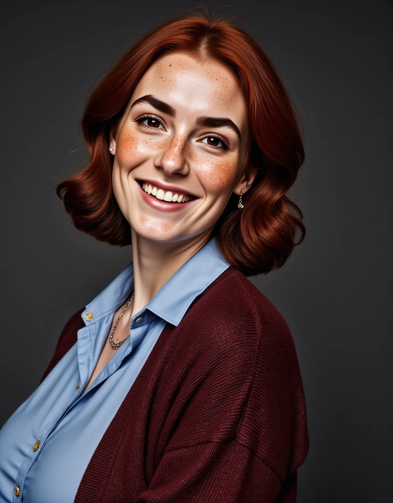 Photorealistic picture featuring a beautiful british woman.(Dynamic pose: 1.5), she's posing for the camera. Dark grey background. She has a happy smile. she's with brown eyes, downturned eye shape. She has high cheekbones and dark eyebrows. She has reddish-brown hair. light skin and freckles. Her attire includes a light blue blouse, burgundy knit sweater, modest jewellery.