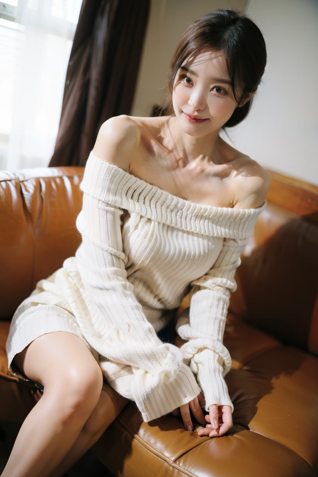 (Small lower chest,Tomboyish,small heads)),  (perfect bodies: 1.1), (short-length straight short hair: 1.2), attractive collarbone，（极其细致的CG 8k壁纸），（Extremely refined and beautiful），（masterpiece），（best qualtiy：1.0），（超高分辨率：1.0），upper body photos，[A high resolution]，cheerfulness，Smile，Smooth and flawless fair skin，ultra - detailed ，Elongated legs，（Small breasts:1.1),Flat chest,Slim，emaciated，No bra,After bath, (long off-shoulder white sweater:1.3),At home, in dinning room,Close shot，nightfall，warm light，a dinning table,Several dishes on the table,(Lying flat on back on the dining table:1.3),Top down overhead camera perspective,Flower patterned tablecloth