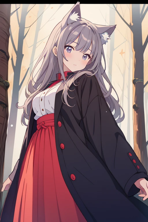  1 girl,cute,(  best quality :1.2, Anime Artwork , anime style, studio anime , very detailed,up to date, vibrant , ANIME COLORING BOOK,High contrast,masterpiece:1.2,  best quality , best aesthetics), gray wolf woman who lives in the forest,cute,  in the ear of a wolf ,Wolf&#39;s Tail,teeth,(red eyes:0.8),cute, Dress modestly,If you look at this,In the dense forest,The sunlight filtering through the trees creates a mysterious atmosphere..,A stream flows at my feet