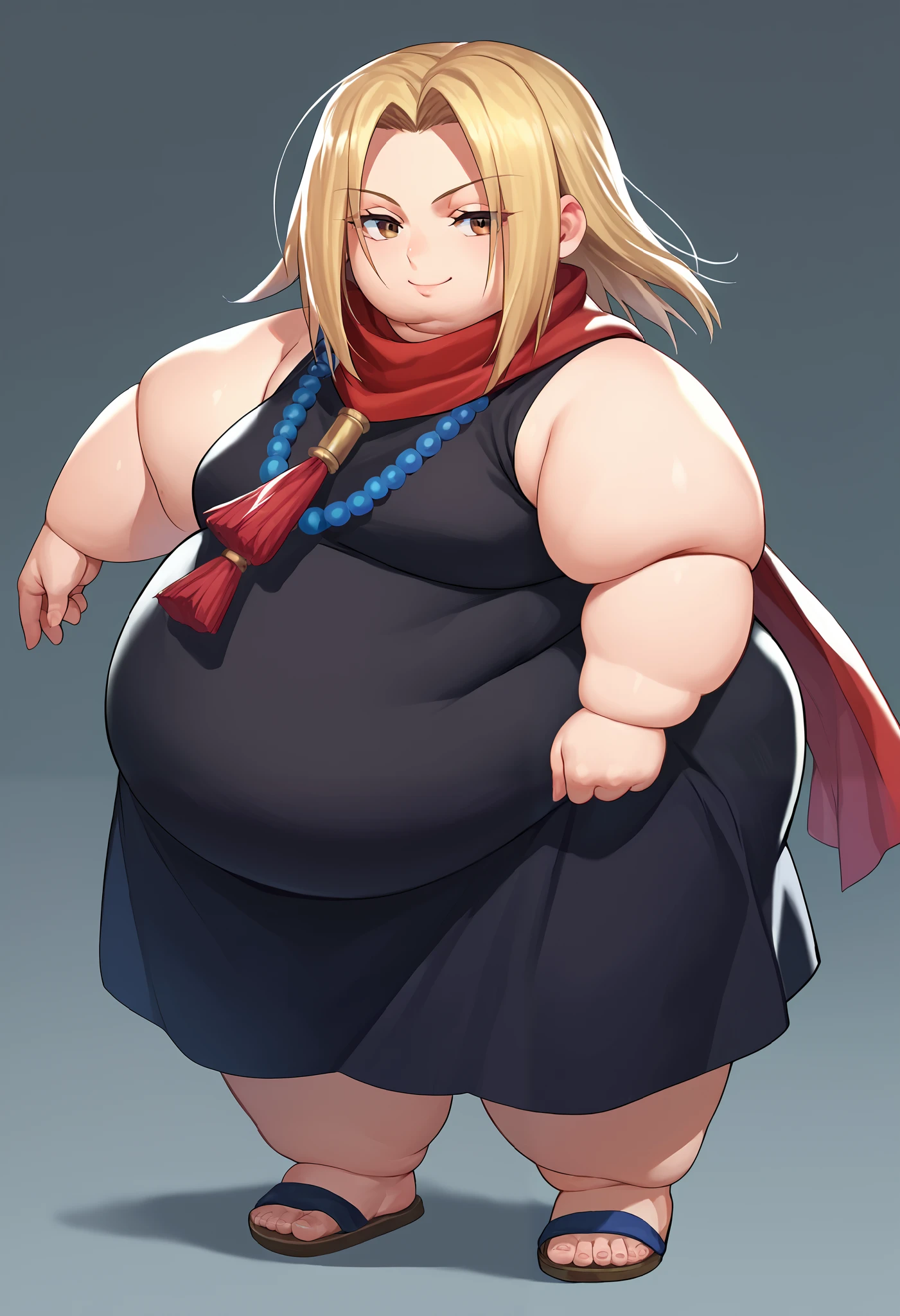 score_9, score_8_up, score_7_up, source_anime, kyouyama anna, blonde hair, short hair, brown eyes, black dress, red scarf, bead necklace, fat, chubby, obese, full body shot, smile 