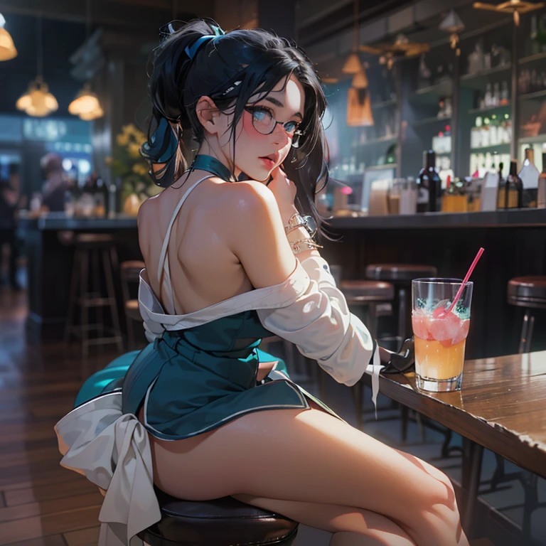 Woman, medium breasts, big-ass, blue hair tied expression "shame, naughty Position "sitting at the table, lifting her skirt and showing her pussy 