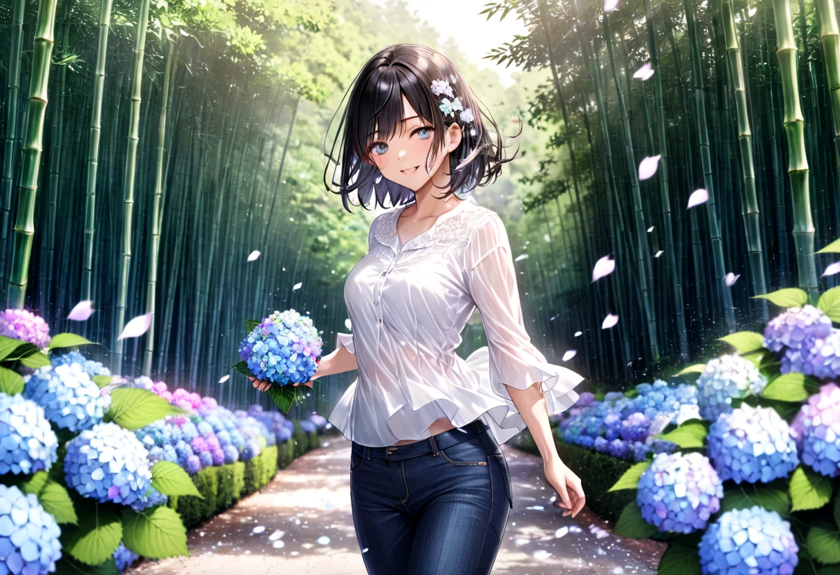  pouring hydrangea petals(( motion blur:2.0 , hydrangea filter effect :3.0 , backgroundぼかし)) , Woman Standing Black Hair "Haruna"( wearing a white blouse and tight jeans) , Alone , Looking at me with a gentle expression  , background:bamboo forest