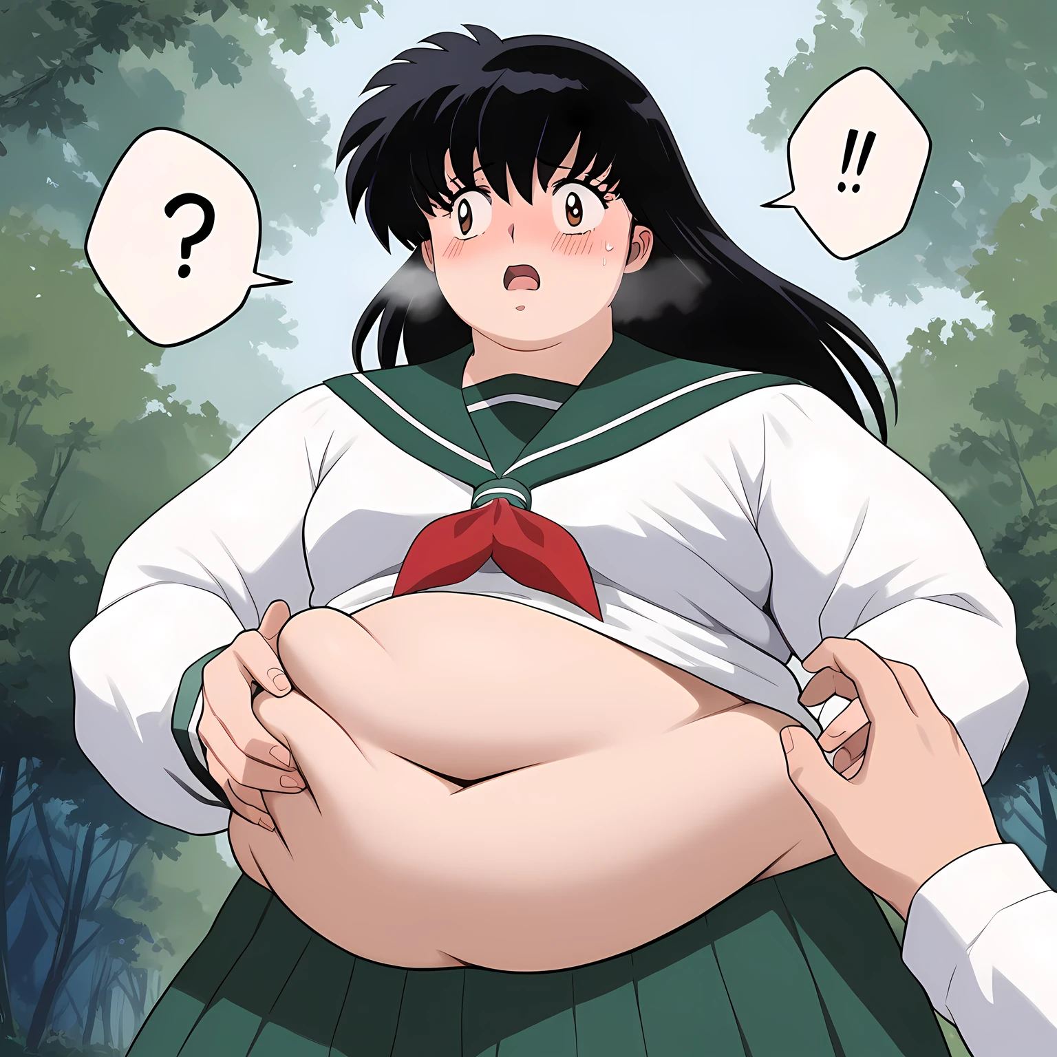 score_9, score_8_up, score_7_up, source_anime,
kagomehigurashi, kagome higurashi, long hair, black hair, retro artstyle, brown eyes, surprised reaction, shouting, open mouth,
skirt, shirt, long sleeves, school uniform, white shirt, pleated skirt, serafuku, sailor collar, green skirt, 
outdoors, forest, nature,
looking at viewer, bulging belly, fat, chubby, obese, open mouth, out of breath, absurdres, highres icon, rating:General, confused, blush, spoken question mark, {flustered}, nervous sweating, portrait, pov hands, hand on another's belly, averting eyes, [looking away], straight-on, from below, swollen face, 