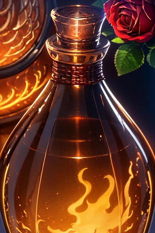 game bottle,  beautiful ,  Master's work ,  Rose cap , Vines are woven , glass, replete,  Fiery liquid, masterpiece, 8 k,  Best quality ,  maximum details ,  Complex Details , bright colors,  Colorful colors , ideal form, 