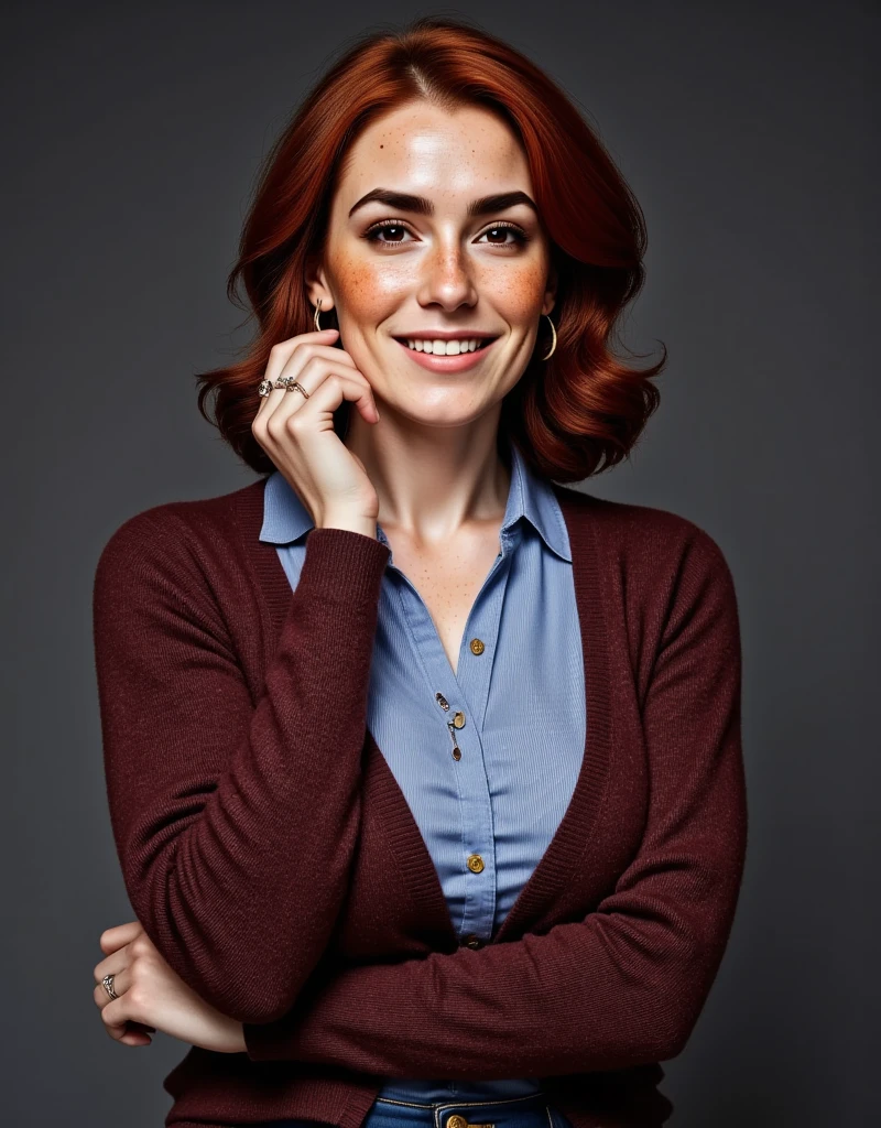 Photorealistic picture featuring a beautiful british woman.(Dynamic pose: 1.5), she's posing for the camera. Dark grey background. She has a happy smile. she's with brown eyes, downturned eye shape. She has high cheekbones and dark eyebrows. She has reddish-brown hair. light skin and freckles. voluptuous. Her attire includes a light blue blouse, burgundy knit sweater, modest jewellery.