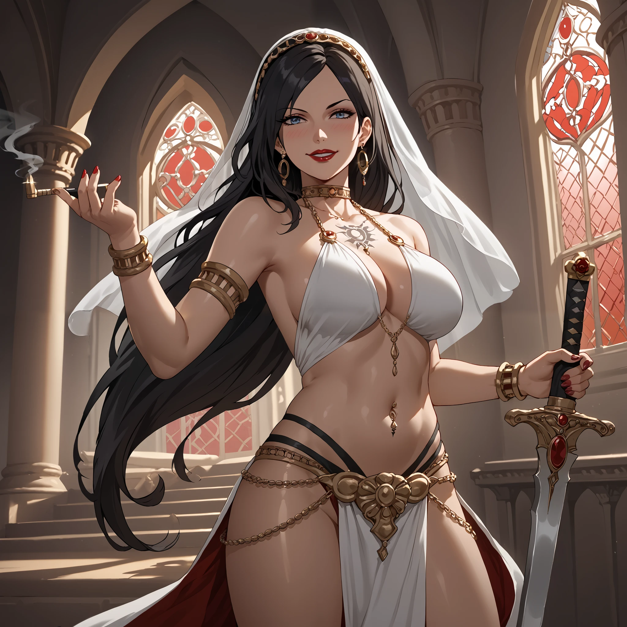 grraven, tattoo,  long hair, earrings, red lips, large breasts, ear piercing, long hair, blush, lipstick,Hot girl, baddie, smoking, sensual, attractive , masterpiece, best quality, highly detailed ,halterneck,gold_choker, complex detailed background,
inside, holding a sword, sword, belly_chain,harem_outfit,navel, necklace,
pelvic_curtain,revealing_clothes, veil，masterpiece,best quality,1girl,mature,evil smile, smile,
female,mature,necklace,pendant, (nsfw) not safe for work, exposed belly, exposed navel, exposed
midriff, exposed lower belly, navel piercing, castle,inside castle, , tattoo, tattoo midriff, rose tattoo, open arms sideway, arms T-pose, smirk, standing, anime girl T posing, shiny skin, 