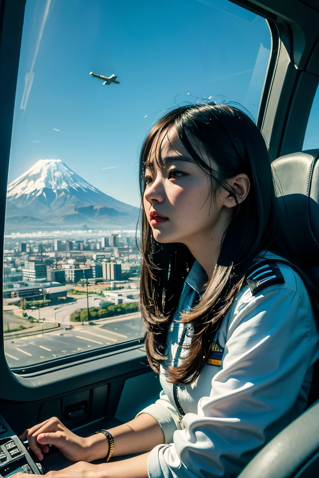 title:  Female Pilot Running Through the Urban Sky

Above the big city where the blue sky spreads、 One female pilot is sitting in the cockpit of an airplane 。 The view from the cockpit window is truly spectacular 。 cinematic lighting shines in 、 voluminous fog drifts over the city 。Far in the distance 、 the majestic Mount Fuji rises 、 The figure is drawn with exquisite detail 。

 her gaze is serious, 、 directed at the control panel 。 and the details are extremely realistic 、 brightly drawn at 8K resolution, 、 creates a dramatic atmosphere 。

 Airplanes dynamically rotate over large cities 、 the structure can truly be said to be a masterpiece 。