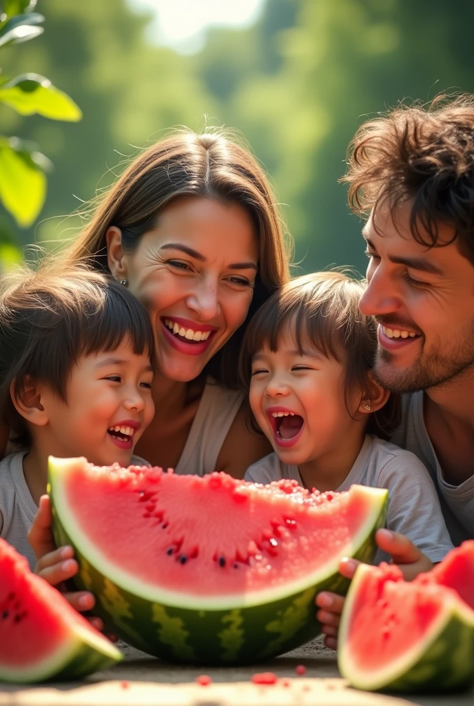 Three teenagers are sitting on a sunny, green lawn, happily eating large slices of juicy watermelon. They are laughing and enjoying the sweet treat, with watermelon juice dripping down their chins. Nearby, a toddler is standing with tears in their eyes, reaching out towards the teens with a small hand, clearly upset and asking for a piece of watermelon. The scene captures the playful innocence of the teens contrasted with the toddler's genuine longing, all set against a bright summer day with a clear blue sky and a few scattered clouds in the background.