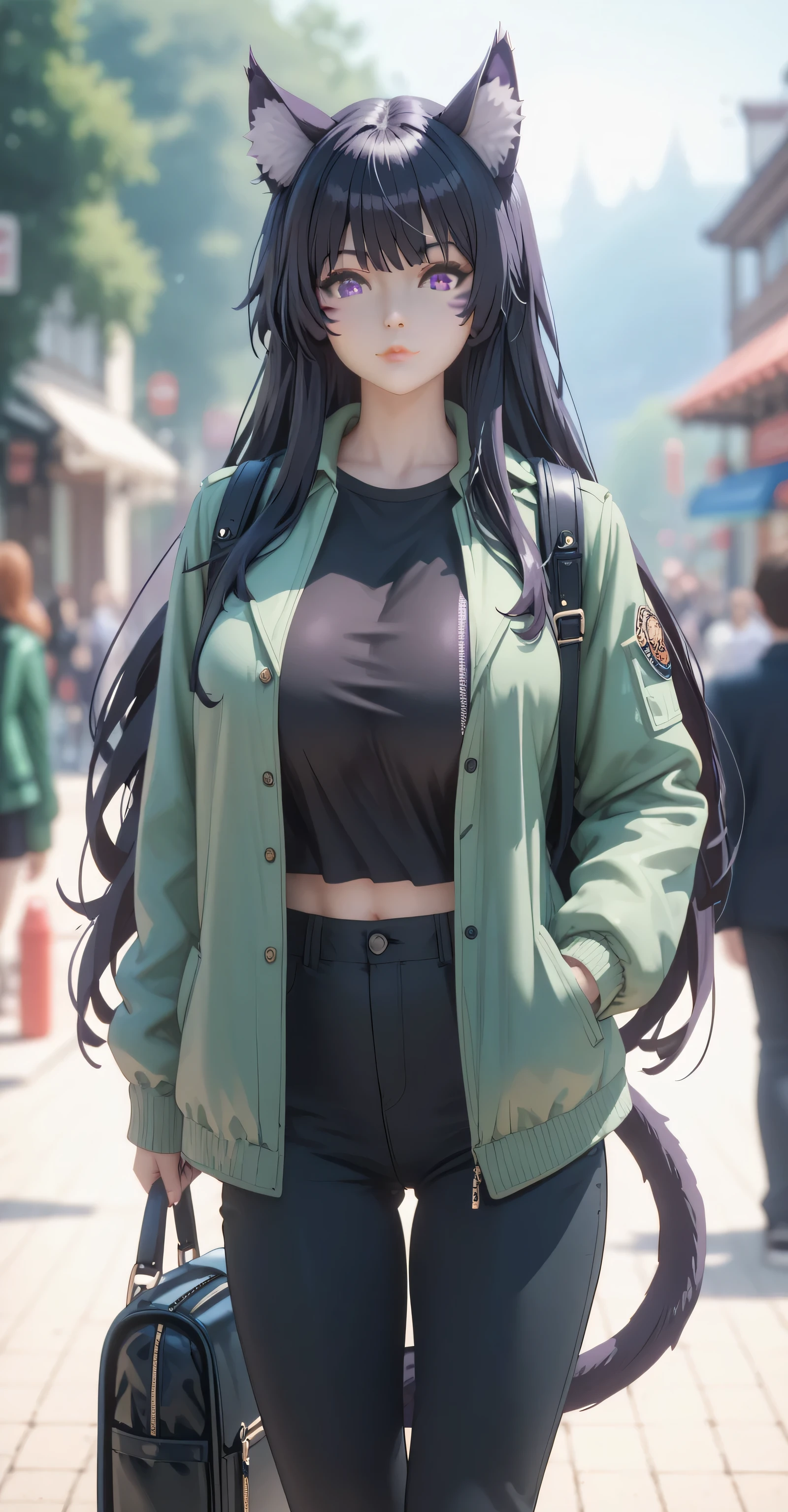Tall girl, Fit girl,score_9, score_8_up, score_7_up, score_6_up, uncensored, delta, delta from eminence in shadow, long hair, black hair, animal ears, purple eyes, cat ears, animal ear fluff, facial mark,huge breast, tail fluff, black_hair, pants, 1girl, jacket, black_pants, bag, solo_focus, long_hair, holding, shirt, black_shirt, looking_at_viewer, backpack, green_jacket, standing, closed_mouth, blurry_background, blurry, lips, feet_out_of_frame, long_sleeves, open_clothes