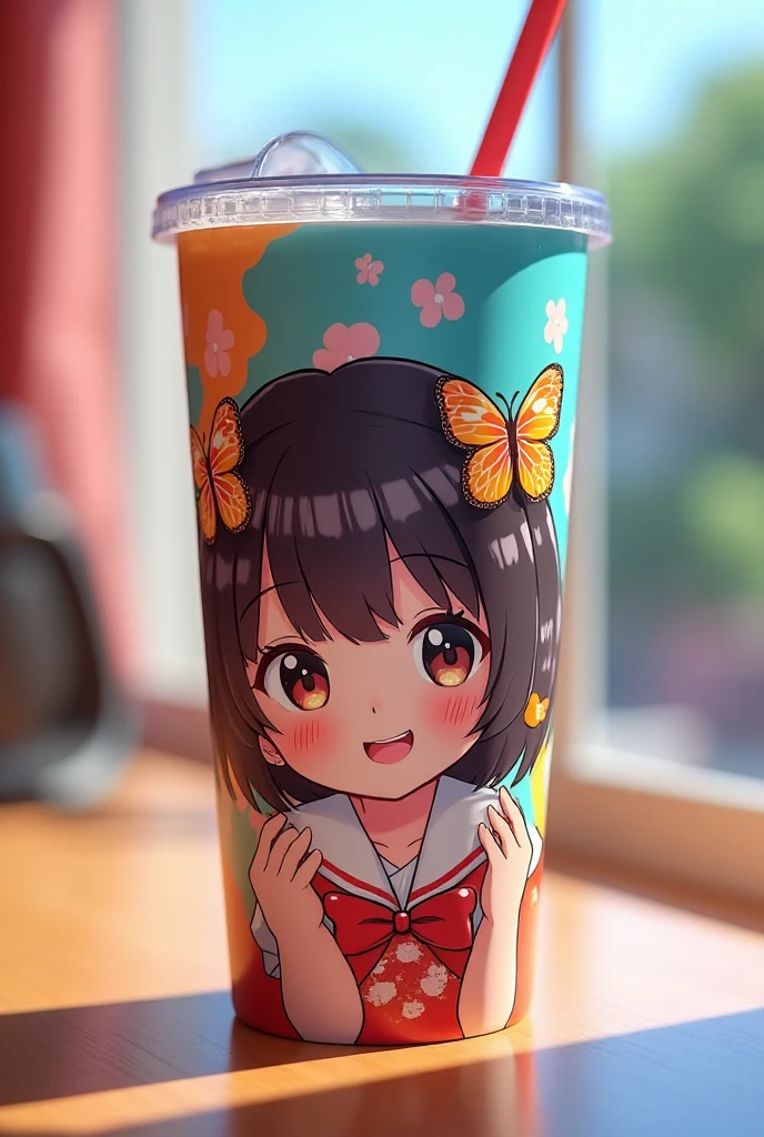  Photorealistic 、 Japanese anime characters drawn on them(Chibi Girl、smile、Butterfly Hair Ornament、 colorful 、whole body、Comical pose)A tumbler with a picture of