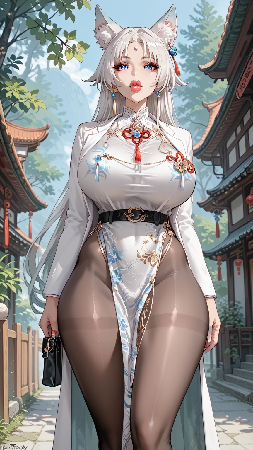  Japanese Anime,  Tag 2,   best quality ,   high quality,   detailed,   high resolution, 8K, 超 high resolution,  soft saturation , Professional quality , Perfect contrast, perfect lighting,   anatomically correct  ,   huge breasts , Wide hips,   huge ass  ,  sensual woman ,  Mature Women , maternal,  Full, Full的嘴唇, Thick lips,    showcases your career ，belt，fellatrix style，feixiao-hsr ，animal ears, animal ear fluff, long hair, forehead mark,fox ears，white qipao， black pantyhose，Standing， front view