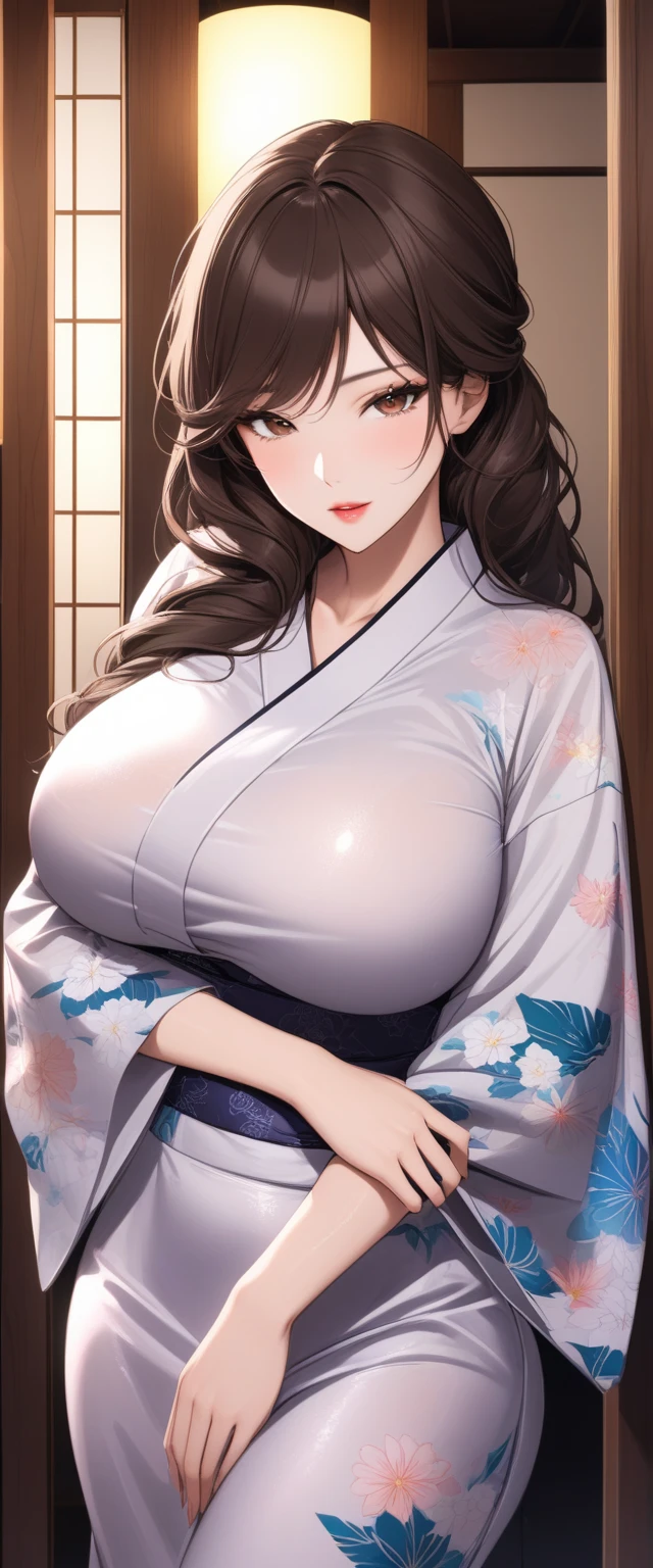               Brown Eyes             , black 髪, length髪,                      mature mature      ， length,             shiny wet hair    ，             brown hair，          Glowing Lips     ，beautiful，Big Breasts，beautifulデコルテ， beautiful脚 ，   Yukata， comments， accommodation   ，