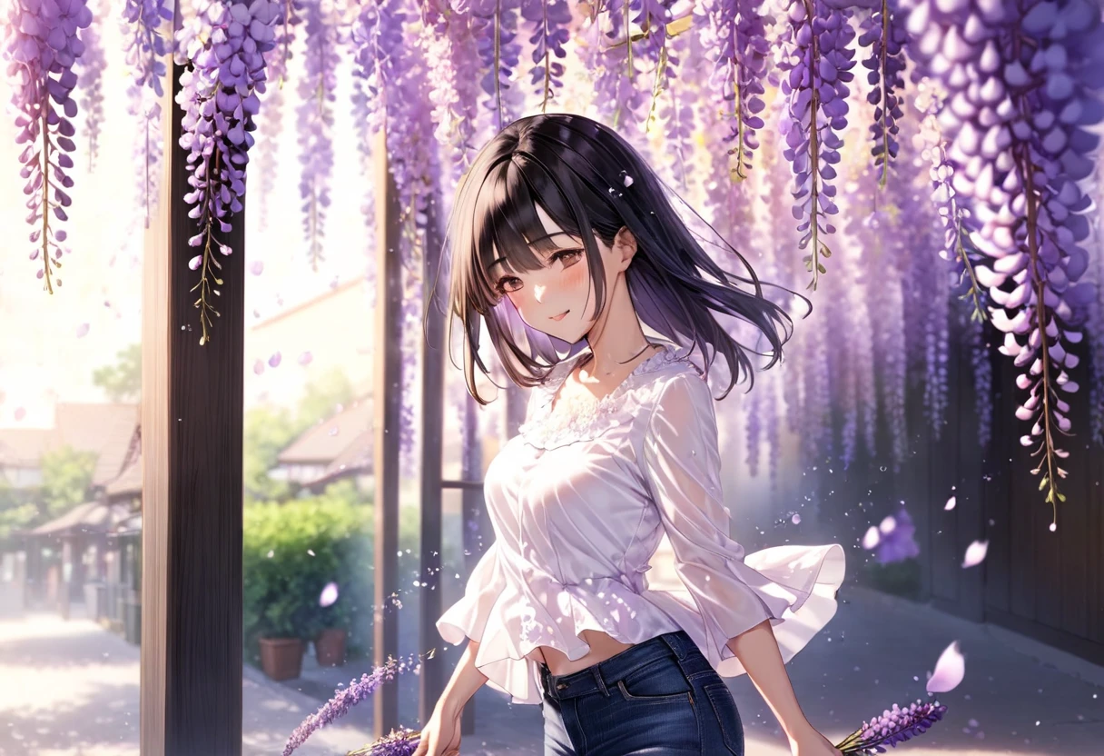  Pouring Wisteria Flower Petals(( motion blur:2.0 , Wisteria Flower Filter Effect :3.0 ,  Background Blurred )) , Woman Standing Black Hair "Haruna"( wearing a white blouse and tight jeans) , Alone , Looking at me with a gentle expression 