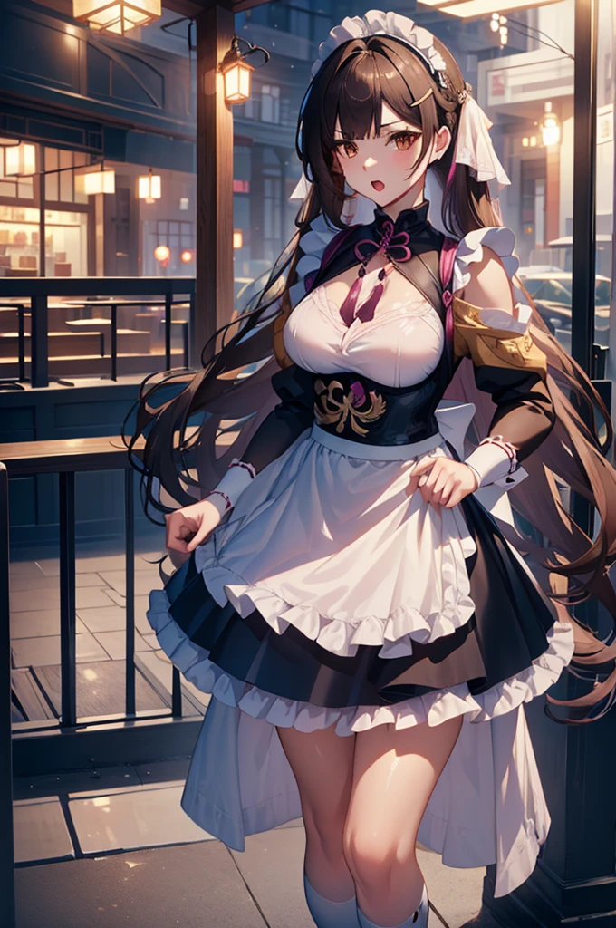 a beautiful women , sushang , long hair, twintails, darkbrown hair, big breasts, wearing a japan maid dress , white pantyhose, hairclip, open mouth, standing in a cafe at night time.