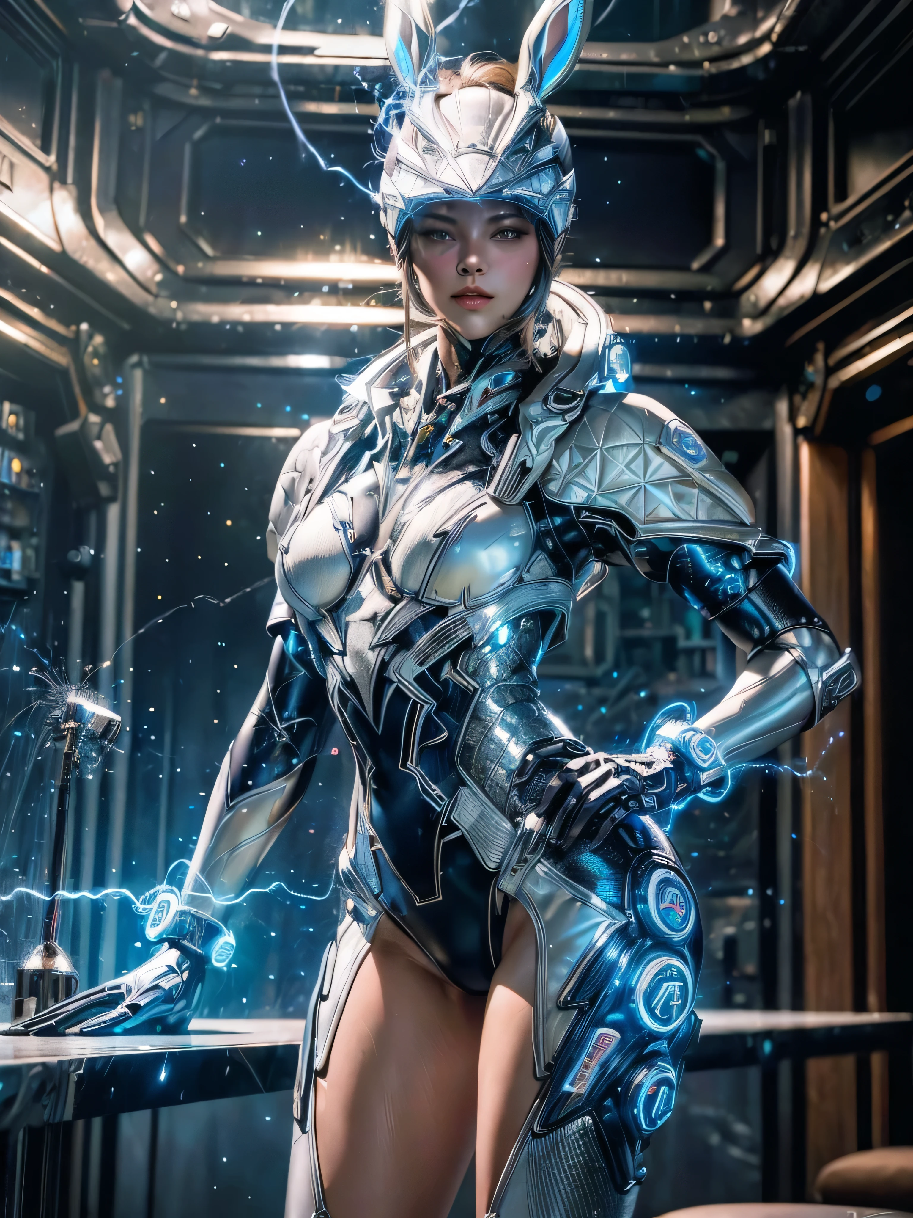 ((Masterpiece)), (high resolution:1.4),(bunny from the First Decendant) looking at viewer, (futuristic interior:1.5), beautiful face revealed, highly detailed skin, skin pores, (highly detailed face:1.1), (highly detailed eyes:1.1), realistic pupils, full face blush, full lips, (perfect anatomy:1.1), (perfect proportions:1.1), (photography:1.1), (photorealistic:1.1), volumetric lighting, dynamic lighting, real shadows, (highres:1.1), sharp focus, (realistic, hyperrealistic:1.4), intricate, high detail, dramatic, subsurface scattering, big depth of field, vivid, polished, sharpened, ((full Sharp)), (extremely absurdres),16k hdr, (angled lighting:1) (slim legs:1) (electricity lightning flowing from body:1) (closeup:1), leaning forwards, gold visor, silver metal helmet, makeup face:1, korean, (Electricity particles in the background:1.5), (lightning:1), (electricity effects:1) (raised butt:1)
