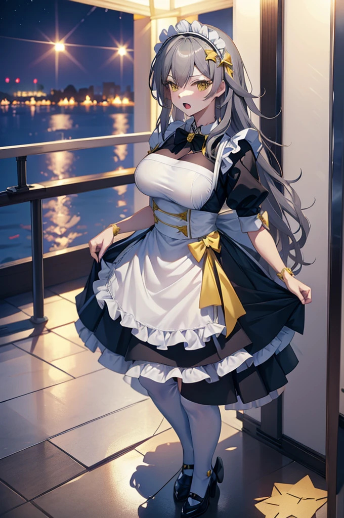 a cute femboy , trap , cosplay stelle honkai star rail , stelle hsr ,gray hair,long hair,yellow eyes, large breasts, wearing a japan maid dress , white pantyhose, open mouth, standing in a cafe at night time.