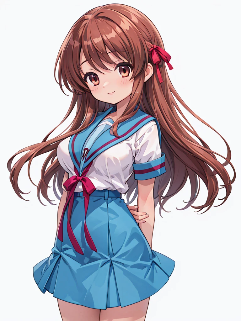 mikuru1, 1girl, asahina mikuru, Smile, long hair, shiny hair, kita high school uniform, solo, blue sailor collar, serafuku, blue skirt, short sleeves, red ribbon, large breasts, arms behind back, Blush, simple background