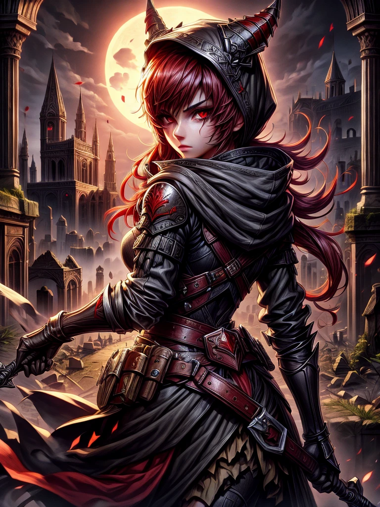 Female hoodie killer from the dark bright scarlet red eyes in mask with medieval ruins in the moonlight background