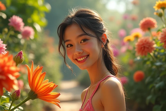 Best quality, 超高分辨率, (Photorealistic:1.2), A (Smiling:1.4) The 24-year-old Asian actress is elegantly dressed (wind blown:1.2) (dress:1.2) In a valley filled with millions of people (Multi-colored wildflowers:1.6), Detailed face, (Solo: 1.4), (wind blown:1.2) Hair, mix4, (face lit:1.4)