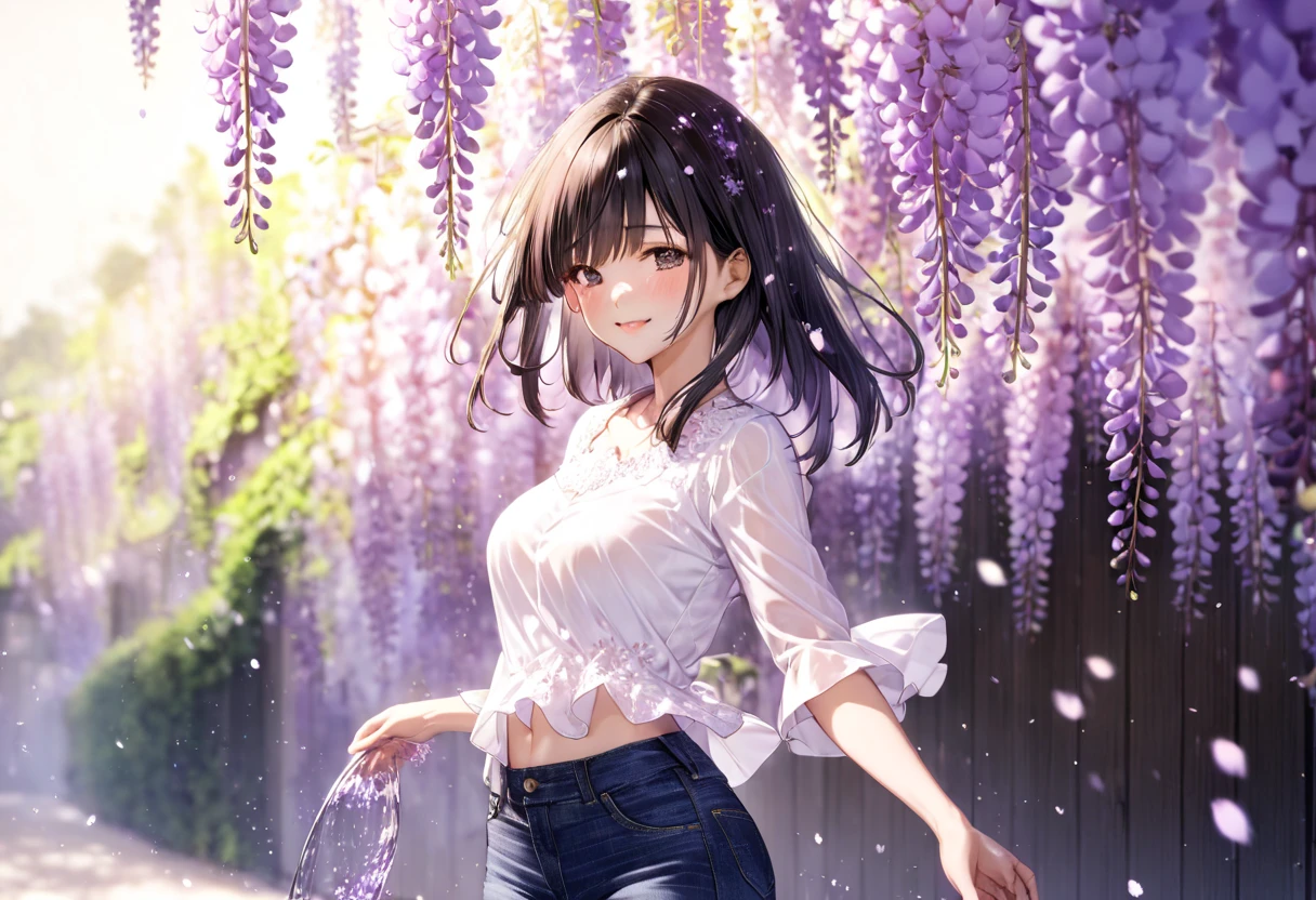  Pouring Wisteria Flower Petals(( motion blur:2.0 , Wisteria Flower Filter Effect :3.0 ,  Background Blurred )) , Woman Standing Black Hair "Haruna"( wearing a white blouse and tight jeans) , Alone , Looking at me with a gentle expression 